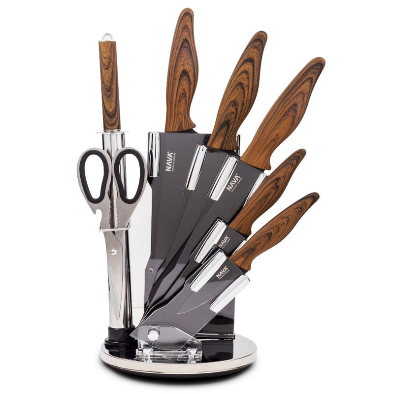 Nóż noże stalowe czarne z brązową rączką zestaw komplet noży 7 sztuk w stojaku